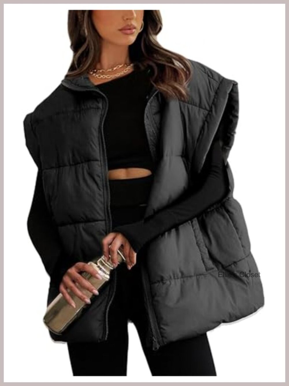 Women's Oversized Quilted Puffer Vest Zip Stand Collar Sleeveless